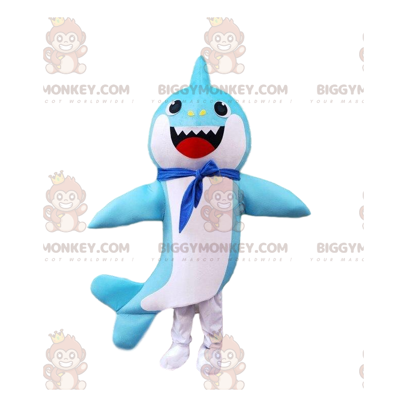 Blue and white shark costume with a scarf around the neck –