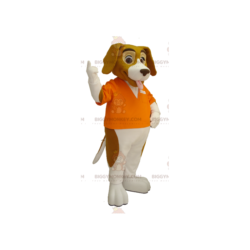 Brown and beige dog mascot with a white t-shirt - Sizes L (175-180CM)
