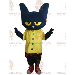 Super hauska musta kissan BIGGYMONKEY™ maskottiasu keltaisilla