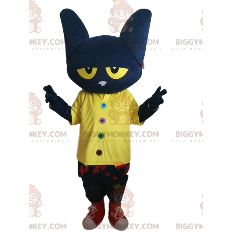Super rolig svart katt BIGGYMONKEY™ maskotdräkt med gula ögon -