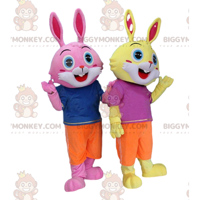 2 rabbit costumes, one yellow and one pink, with blue eyes –