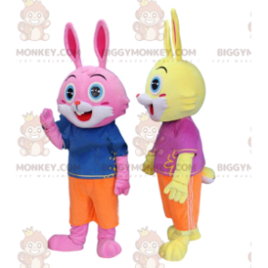 2 rabbit costumes, one yellow and one pink, with blue eyes –