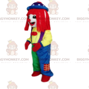 Bardzo kolorowy kostium klauna z czerwoną peruką -