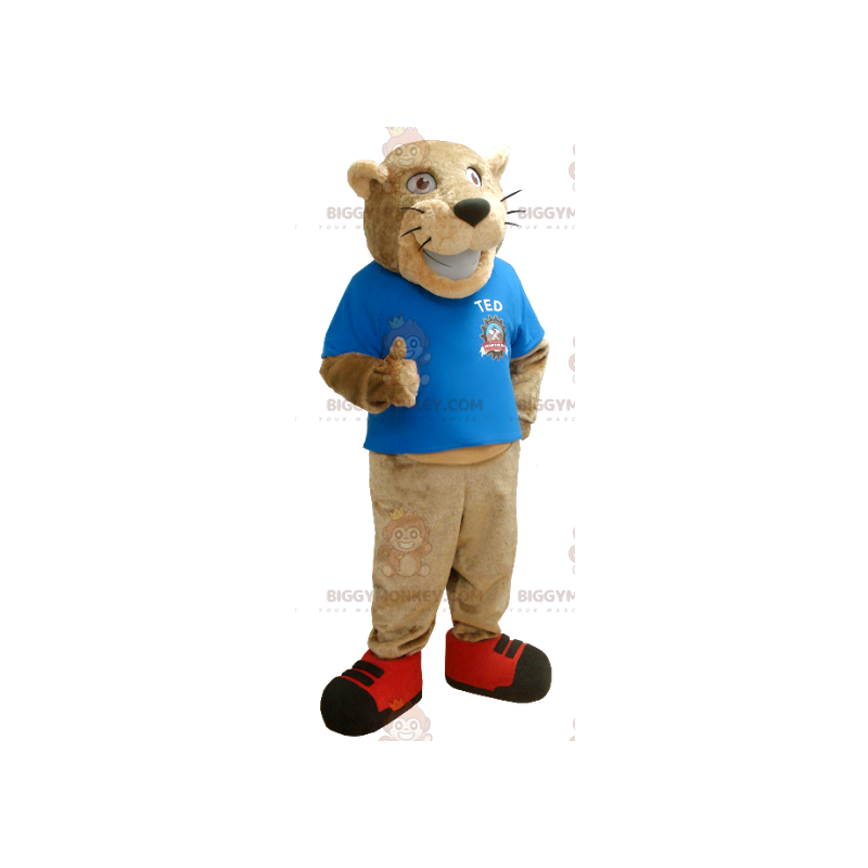 BIGGYMONKEY™ Mascot Costume of Beige Tiger with Blue T-Shirt -