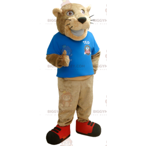 BIGGYMONKEY™ Mascot Costume of Beige Tiger with Blue T-Shirt –