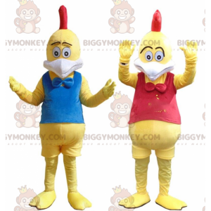 Gula kycklingkostymer, färgglada tuppar BIGGYMONKEY™s maskot -