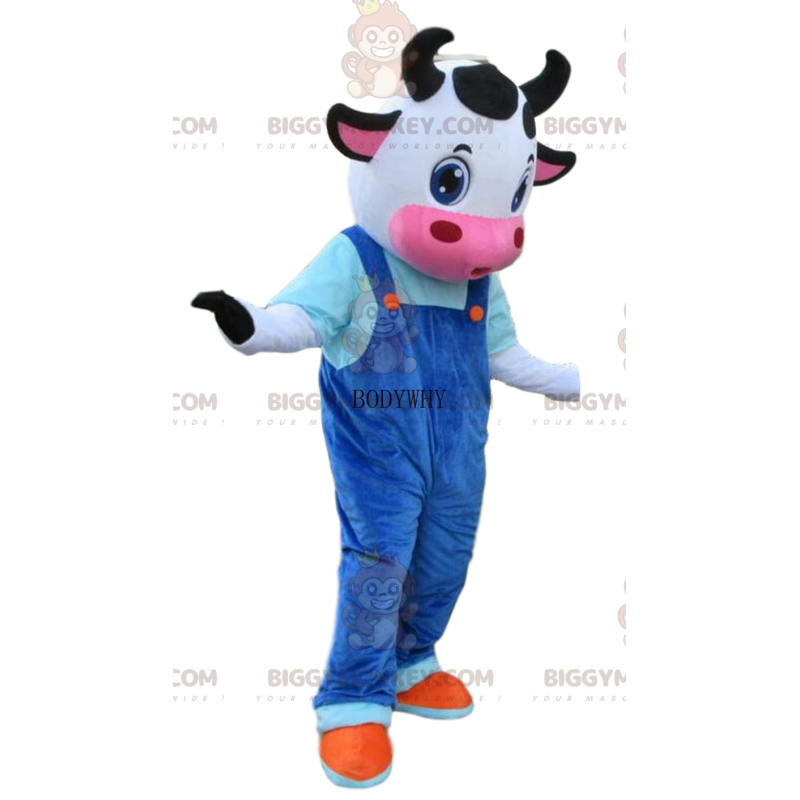 Kostium krowy z niebieskim kombinezonem, kostium maskotki krowa