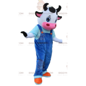 Kostým krávy s modrým overalem, kostým maskota krávy
