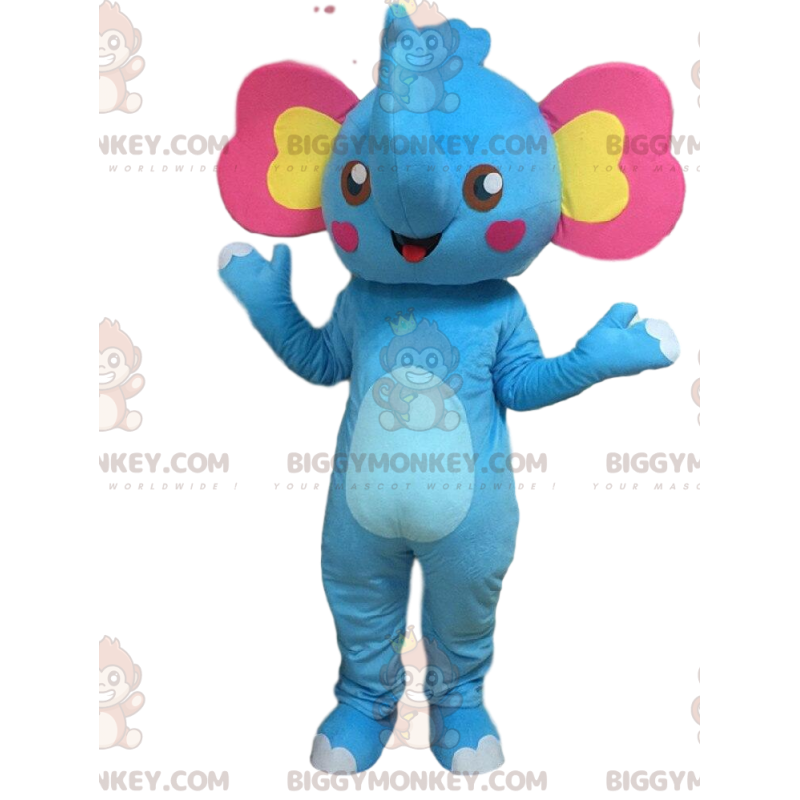 BIGGYMONKEY™ Mascottekostuum Blauwe olifant met roze en gele