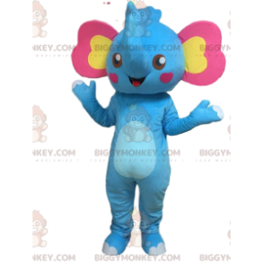 BIGGYMONKEY™ Mascottekostuum Blauwe olifant met roze en gele