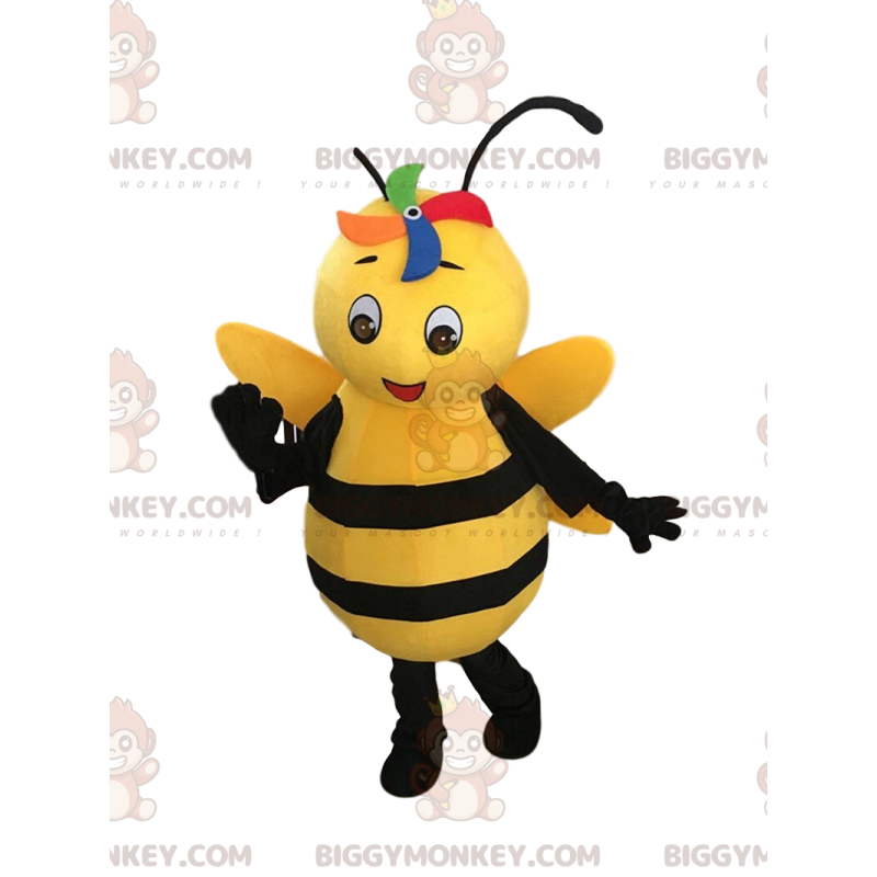 BIGGYMONKEY™ mascot costume yellow and black bee, smiling wasp