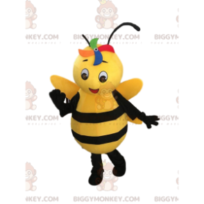 BIGGYMONKEY™ mascot costume yellow and black bee, smiling wasp