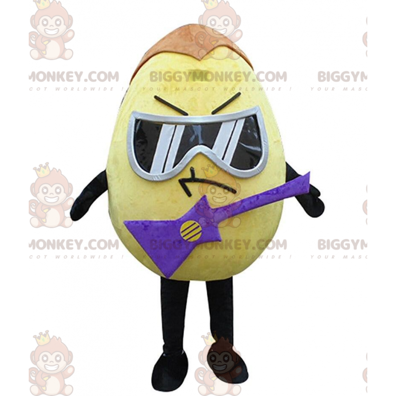 Yellow Egg BIGGYMONKEY™ maskottiasu, jossa lasit ja sähkökitara