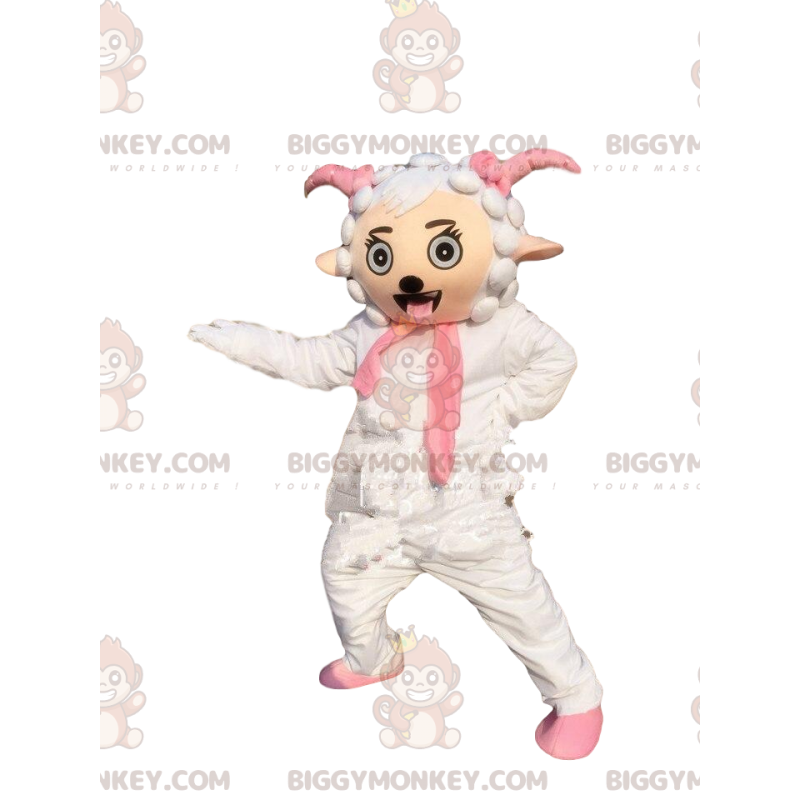 Costume da mascotte BIGGYMONKEY™ da pecora bianca e rosa