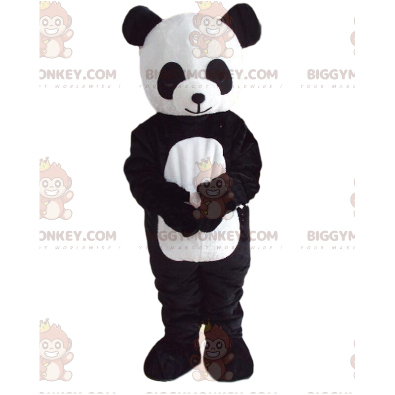 Traje de mascote BIGGYMONKEY™ de panda preto e branco, traje de