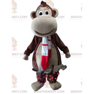 Bruine BIGGYMONKEY™-mascottekostuum met rode en witte sjaal -