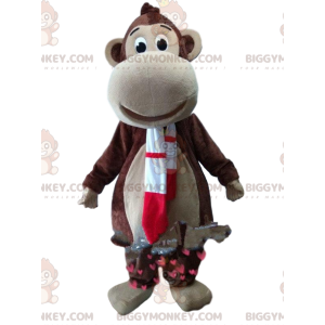 Costume mascotte BIGGYMONKEY™ scimmia marrone con sciarpa rossa