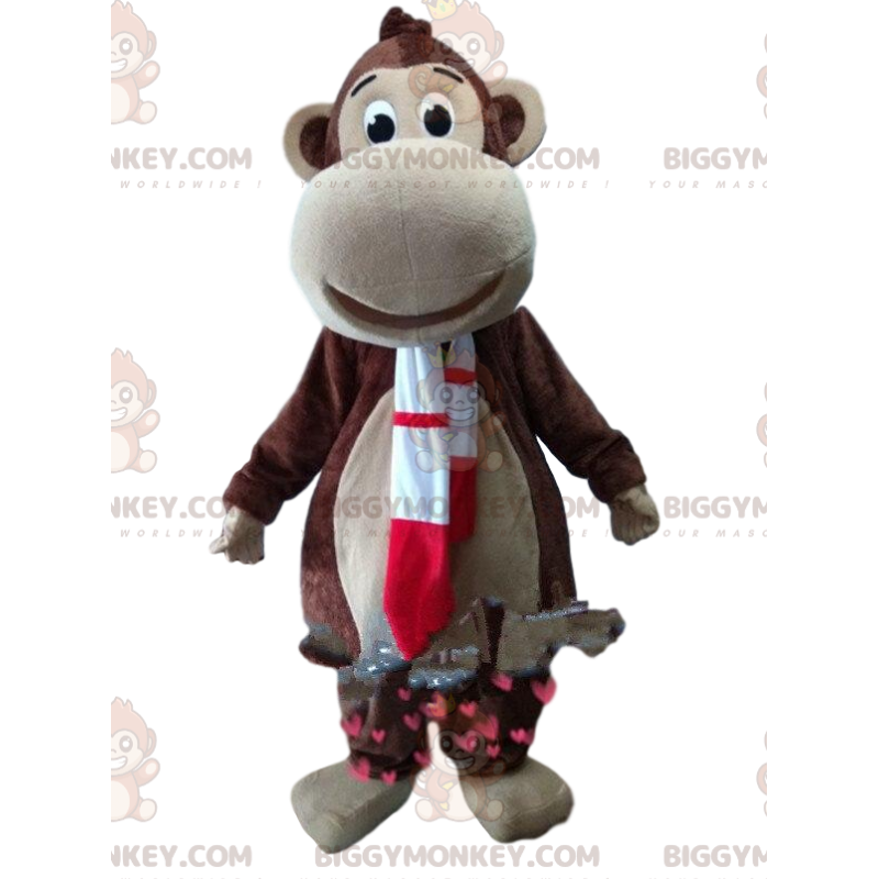 Brun abe BIGGYMONKEY™ maskotkostume med rødt og hvidt tørklæde