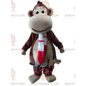 Brown Monkey BIGGYMONKEY™ Mascot Costume with Red and White