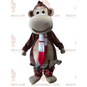 Bruine BIGGYMONKEY™-mascottekostuum met rode en witte sjaal -