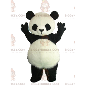 Svartvit pandadräkt med hårig mage - BiggyMonkey maskot