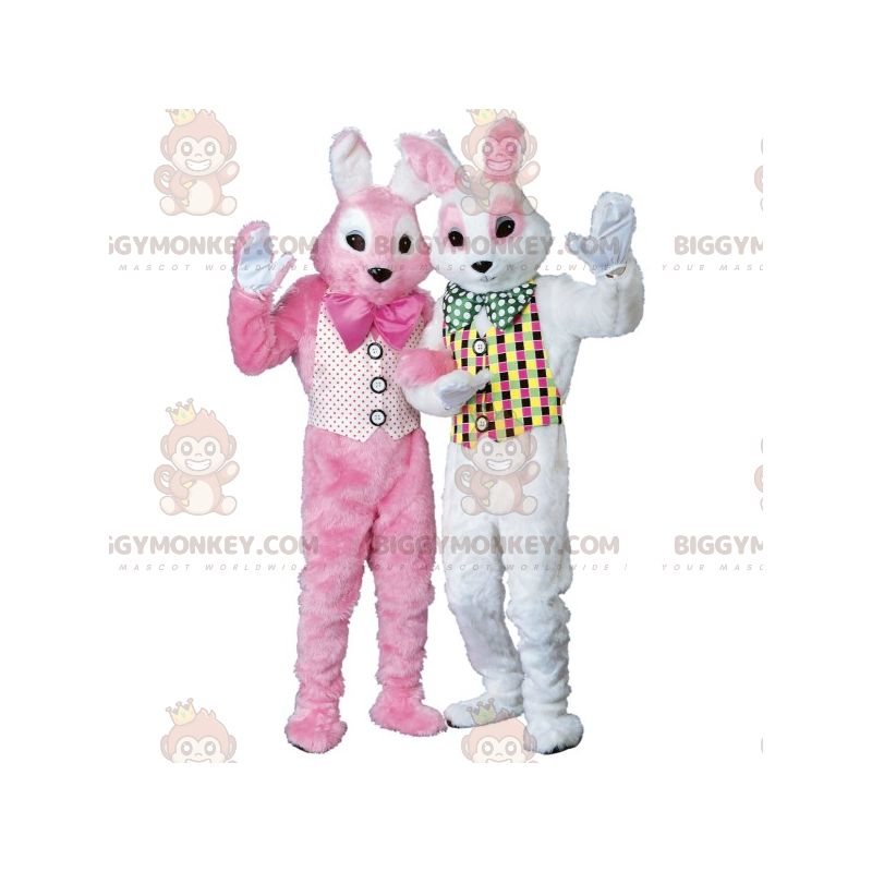 2 mascotte BIGGYMONKEY™ di conigli bianchi e rosa -