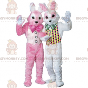 2 Maskottchen BIGGYMONKEY™s aus rosa und weißen Hasen -