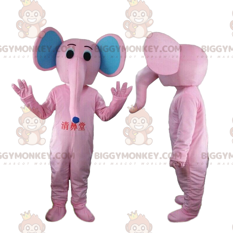 Fato de mascote BIGGYMONKEY™ elefante rosa e azul, fato de
