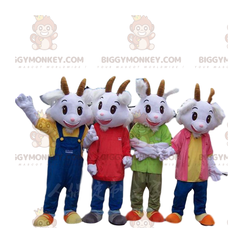 4 BIGGYMONKEY™s mascot white goats dressed in colorful outfits