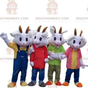 4 cabras blancas mascota de BIGGYMONKEY™ vestidas con atuendos