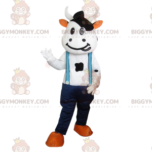 Fato de mascote Cow BIGGYMONKEY™ com jeans e suspensórios. vaca