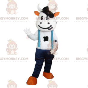 Disfraz de mascota vaca BIGGYMONKEY™ con vaqueros y tirantes.