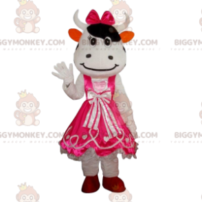 BIGGYMONKEY™ White Cow Mascot Costume With Dress, Pink Cow