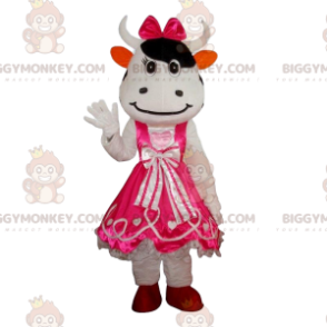 Kostým maskota bílé krávy BIGGYMONKEY™ s šaty, kostým růžové