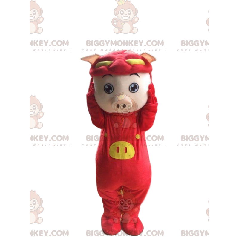 BIGGYMONKEY™ mascot costume of pig dressed as a red dragon