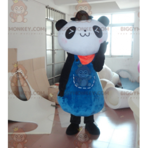 BIGGYMONKEY™ maskotdräkt av svart och vit panda i blå klänning
