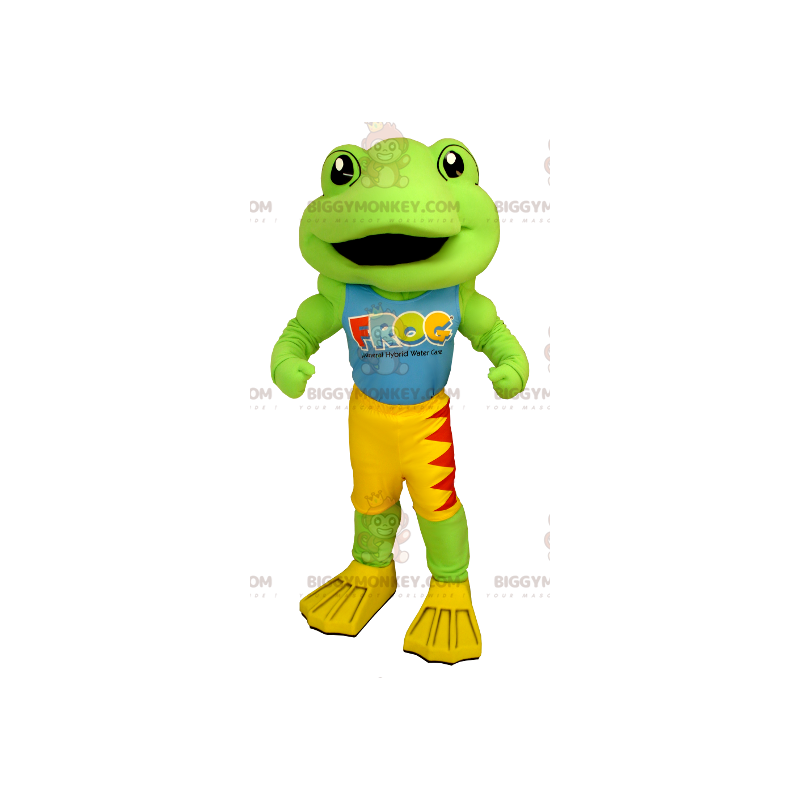 Kostium maskotka zielona żółto-czerwona żaba BIGGYMONKEY™ -