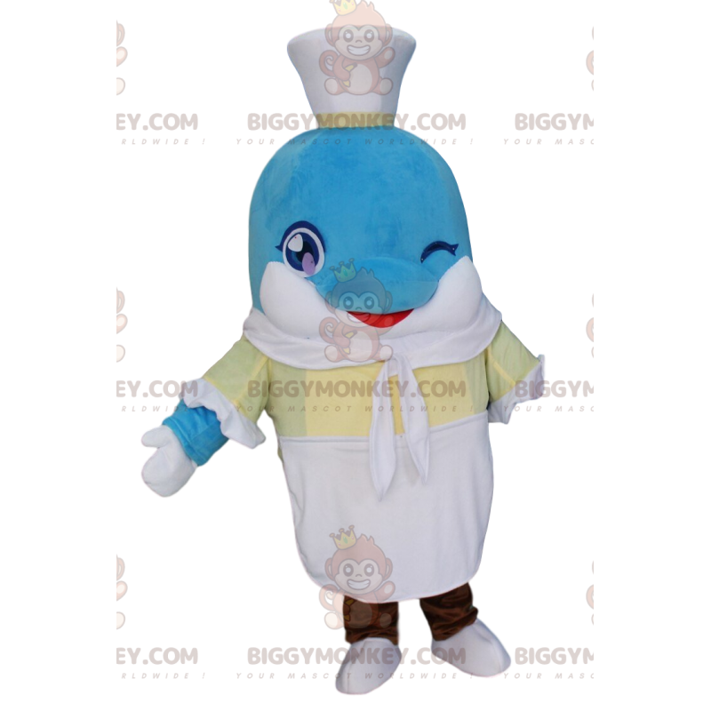 Dolphin BIGGYMONKEY™ Mascot Costume with Sailor Outfit, Foam –