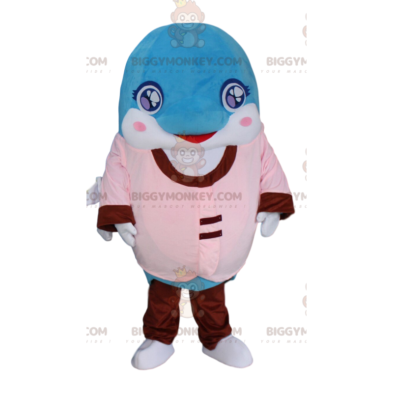 Costume da mascotte BIGGYMONKEY™ delfino blu e bianco vestito