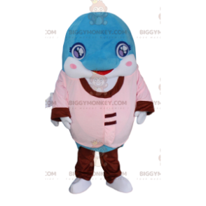 Blau-weißer Delfin BIGGYMONKEY™ Maskottchen-Kostüm in Pink und