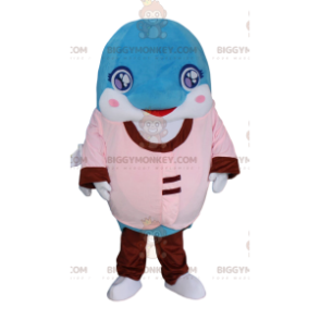 Blauwe en witte dolfijn BIGGYMONKEY™ mascottekostuum gekleed in