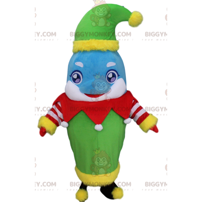 Blue and White Dolphin Costume Dressed as a Christmas Elf –