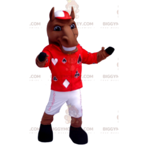 Traje de mascote BIGGYMONKEY™ Cavalo marrom com roupa de jóquei