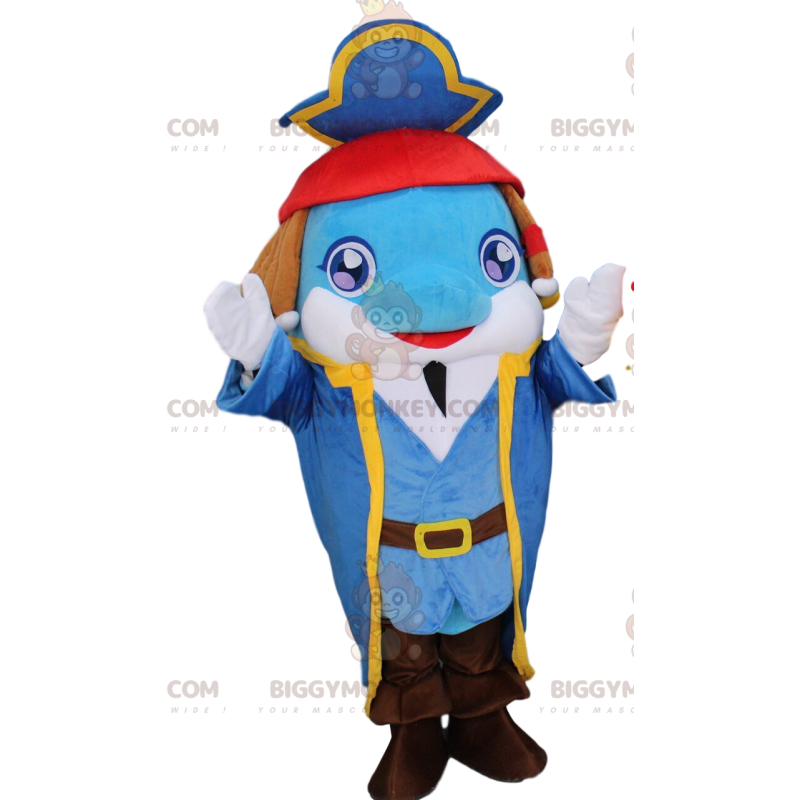 Blue dolphin BIGGYMONKEY™ mascot costume in pirate outfit