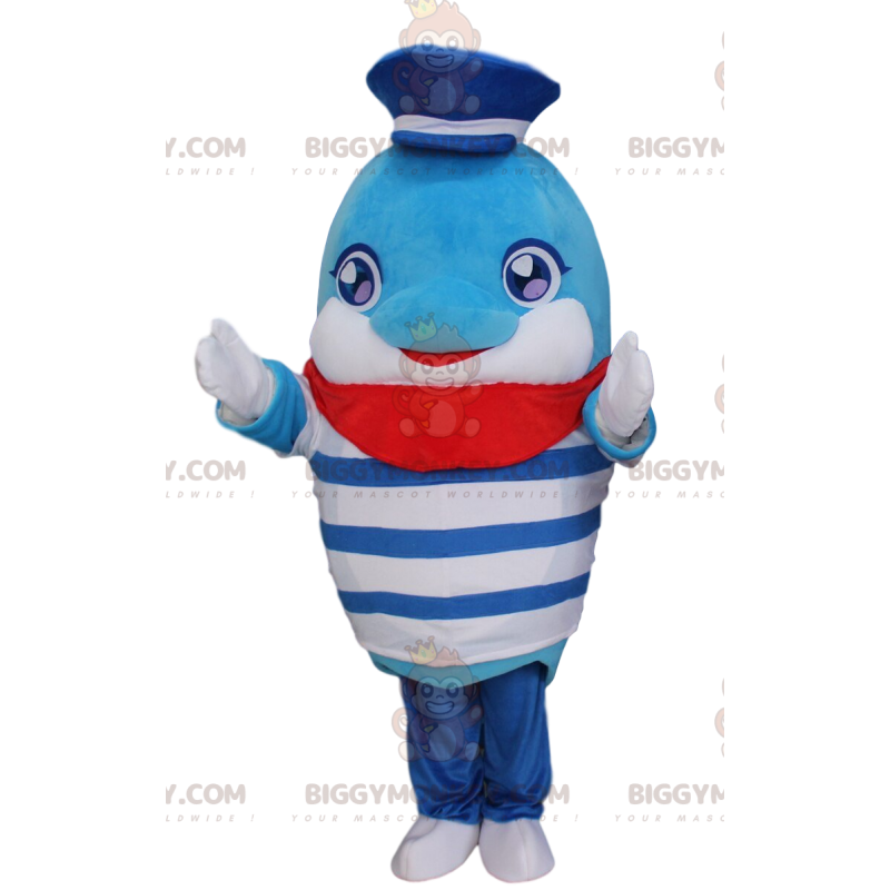 Costume da mascotte Dolphin BIGGYMONKEY™ in abito da marinaio