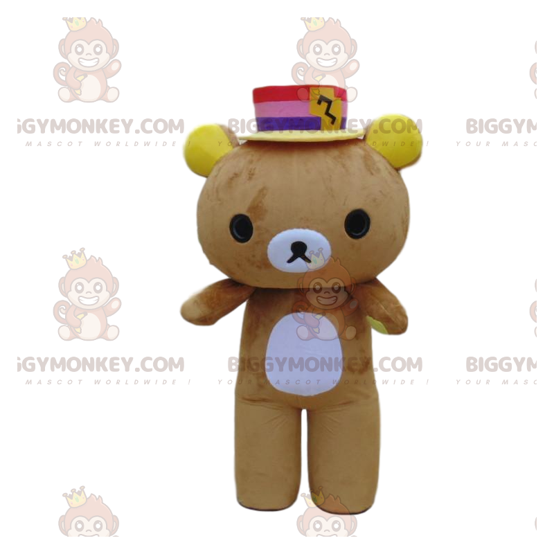 Brown and white teddy bear costume with a colorful hat -