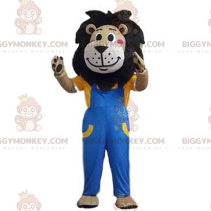 Brunt lejon BIGGYMONKEY™ maskotdräkt klädd i overall, kattdräkt