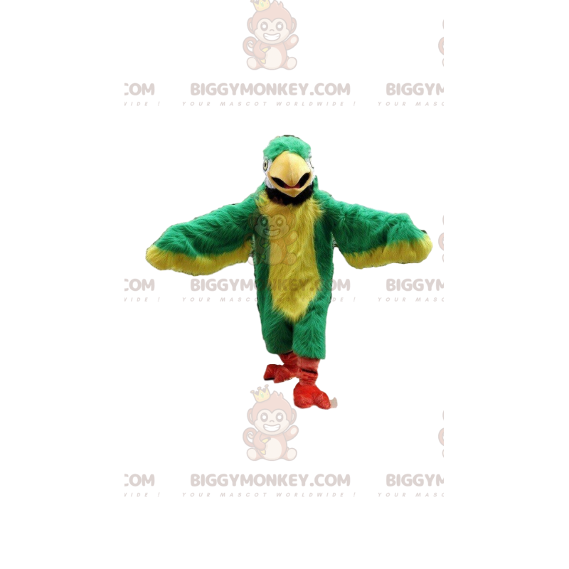 Traje de mascote BIGGYMONKEY™ de papagaio verde e amarelo