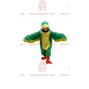 Traje de mascote BIGGYMONKEY™ de papagaio verde e amarelo