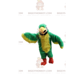 Traje de mascote BIGGYMONKEY™ de papagaio verde e amarelo